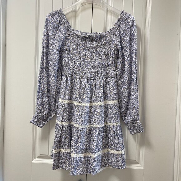 Japna Cottagecore Long-Sleeve Floral Smocked Dress Blue & White - XS - Picture 5 of 11